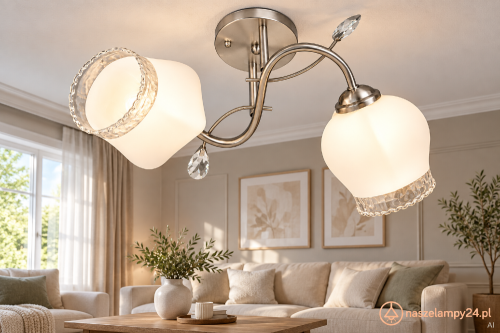 Srebrna lampa sufitowa NAOMI 2xE27 Venti W-2335/2 z dekoracyjnymi szklanymi kloszami. Białe szkło i przezroczyste obrzeża dopełniają eleganckie wnętrza. Wymiary 49x24 cm, max 60 W na żarówkę, IP20, 230 V. Gwarancja 2 lata.