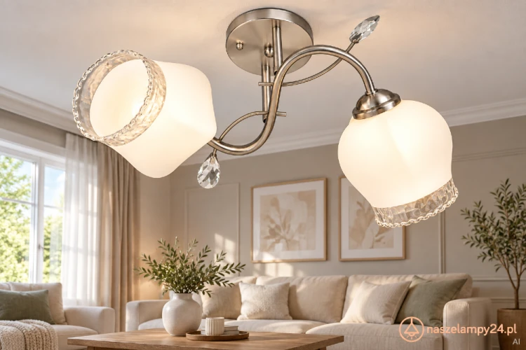 Srebrna lampa sufitowa NAOMI 2xE27 Venti W-2335/2 z dekoracyjnymi szklanymi kloszami. Białe szkło i przezroczyste obrzeża dopełniają eleganckie wnętrza. Wymiary 49x24 cm, max 60 W na żarówkę, IP20, 230 V. Gwarancja 2 lata.