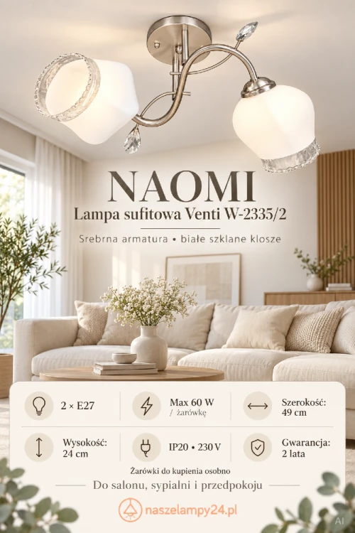 NAOMI Venti W-2335/2 to lampa sufitowa z wygiętymi srebrnymi ramionami i białymi kloszami. Wysokość 24 cm sprawdzi się w niższych pomieszczeniach. Dwie oprawki E27, max 60 W każda. Do salonu i sypialni. Żarówki do kupienia osobno.
