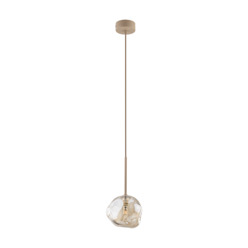 Lampa wisząca LAVA Sabia 11106 TK Lighting: beżowa oprawa, szklany klosz w kolorze koniaku i średnica 15 cm. Eleganckie oświetlenie do sypialni, nad stół lub wyspę kuchenną. Na żarówkę G9 LED max 8 W. Sprawdź na naszelampy24.pl. AI