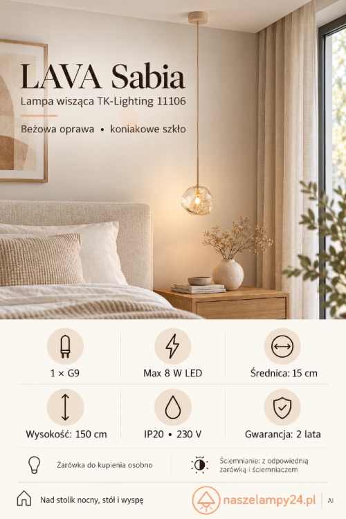 Szukasz lampy wiszącej do sypialni? LAVA Sabia 11106 TK Lighting łączy beżową oprawę z koniakowym szkłem. Klosz Ø15 cm sprawdzi się nad szafką nocną, a kilka lamp nad stołem. 1xG9, max 8 W LED. Zobacz na naszelampy24.pl. AI