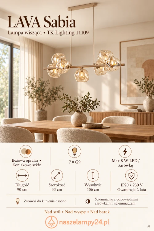 Oświetl wyspę kuchenną lampą LAVA Sabia 11109 TK-Lighting. Beżowa listwa i koniakowe klosze pasują do jasnych wnętrz z drewnem. Długość 90 cm, 7 gniazd G9, max 8 W LED każde. Poznaj lampę wiszącą na naszelampy24.pl. AI
