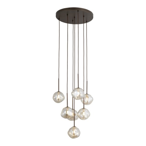 Lampa wisząca LAVA 11328 TK-Lighting: brązowa oprawa i 7 koniakowych kloszy ze szkła w kaskadowym układzie. Do salonu i jadalni, nad stół. Wymiary 48,5x48,5x150 cm, 7xG9 LED max 8 W na żarówkę. naszelampy24.pl. AI