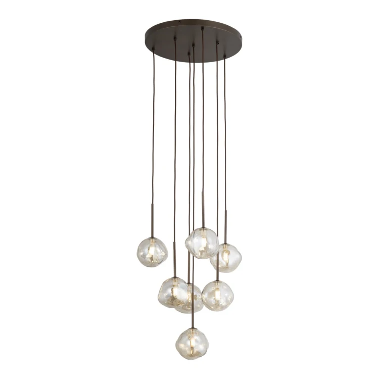 Lampa wisząca LAVA 11328 TK-Lighting: brązowa oprawa i 7 koniakowych kloszy ze szkła w kaskadowym układzie. Do salonu i jadalni, nad stół. Wymiary 48,5x48,5x150 cm, 7xG9 LED max 8 W na żarówkę. naszelampy24.pl. AI