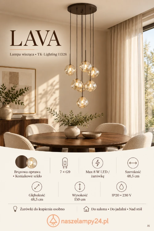 Odkryj lampę wiszącą LAVA 11328 TK-Lighting. Brązowa oprawa i koniakowe szkło pasują do drewna i beżowych dodatków. Siedem kloszy na różnych wysokościach tworzy dekoracyjną kaskadę. 7xG9 LED max 8 W każde. naszelampy24.pl