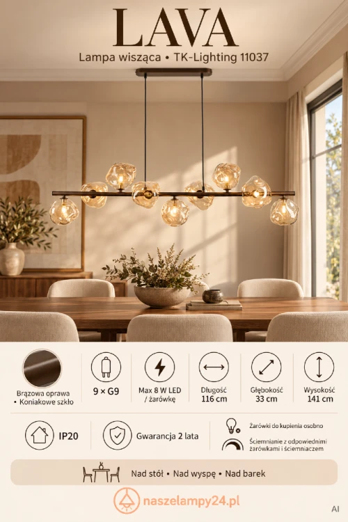 Szukasz podłużnej lampy do jadalni? LAVA 11037 TK-Lighting łączy brązową oprawę z 9 koniakowymi kloszami. Długość 116 cm, wysokość 141 cm, 9xG9 LED max 8 W każde. Dobierz barwę światła żarówkami. Zobacz na naszelampy24.pl. AI