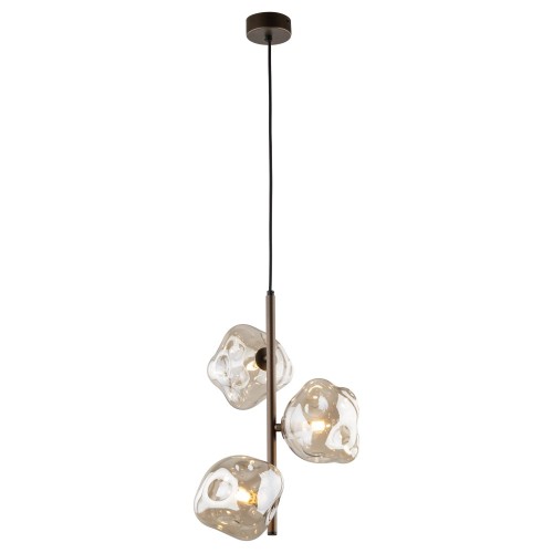 Lampa wisząca LAVA Brown TK-Lighting 11036 z brązowym stelażem i trzema koniakowymi kloszami. Oprawki 3×G9, wymiary 29×29×90 cm. Dekoracyjne oświetlenie nad stolik kawowy, do salonu lub sypialni. Żarówki poza zestawem.