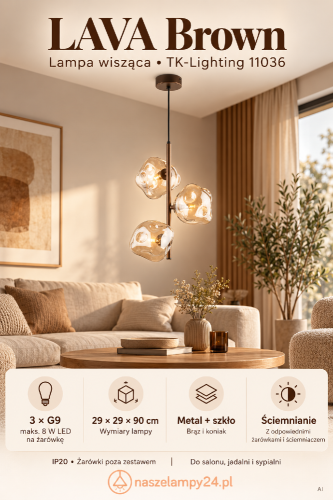 LAVA Brown 11036 to brązowa lampa wisząca 3×G9 z nieregularnymi szklanymi kloszami w kolorze koniakowym. Pasuje do wnętrz glamour, jadalni i salonu. Maks. 8 W LED na żarówkę, IP20. Producent TK-Lighting.
