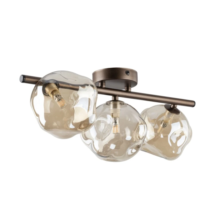 LAVA Brown 11035 TK-Lighting: lampa sufitowa glamour z brązowym stelażem i trzema falowanymi kloszami ze szkła koniakowego. Wymiary 50×26×20 cm, oprawki G9, IP20. Do suchych wnętrz. Gwarancja producenta: 2 lata.