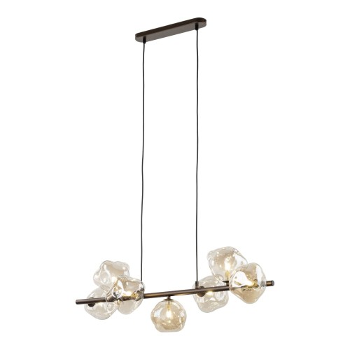 Lampa wisząca LAVA Brown 7×G9 TK-Lighting 11033 z brązowym stelażem i siedmioma szklanymi kloszami. Szerokość 90 cm. Dekoracyjne oświetlenie nad stół, wyspę kuchenną lub barek. IP20, maks. 8 W LED na żarówkę.