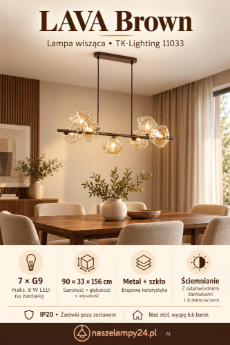 LAVA Brown 11033 TK-Lighting to brązowa lampa wisząca z siedmioma nieregularnymi kloszami ze szkła. Pasuje do jadalni, kuchni i salonu glamour. Wymiary 90×33×156 cm, oprawki 7×G9. Żarówki należy dokupić osobno.