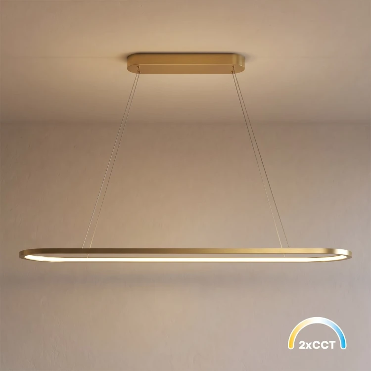 Wybierz złotą lampę SATURNO Milagro ML2958 nad wyspę kuchenną lub barek. Zintegrowane LED 30 W zapewnia 1500 lm. CCT 3000/4000 K pozwala dobrać barwę światła. Szerokość 100 cm, wysokość 30–120 cm. Bez ściemniania.
