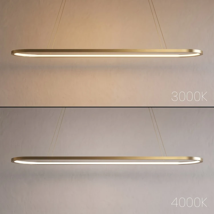 SATURNO Milagro ML2958: złota lampa nad stół o szerokości 100 cm. LED 30 W, 1500 lm, CRI >80 i dwie barwy światła 3000/4000 K. Metal i tworzywo sztuczne, IP20. Wysokość 30–120 cm. Model bez funkcji ściemniania.