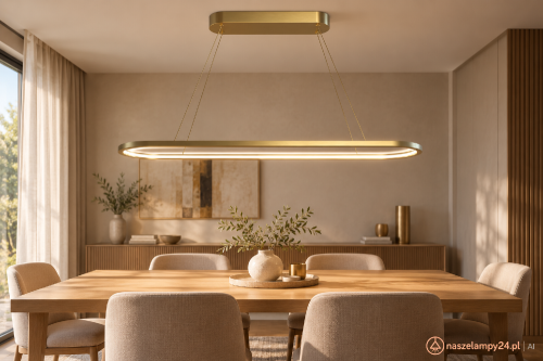SATURNO ML2958 Milagro to złota lampa LED 30 W o smukłej, owalnej formie. Szerokość 100 cm pasuje nad podłużny stół w jadalni. Strumień 1500 lm, CCT 3000/4000 K i regulacja wysokości 30–120 cm. Bez ściemniania.