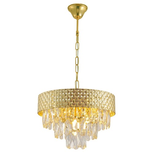 Żyrandol CHARLIZE Milagro ML0190 ze złotą ażurową obręczą i kryształkami. Oprawki 4×E14, maks. 10 W LED każda. Szerokość 38 cm, wysokość 50–100 cm. Do salonu i jadalni glamour. IP20, żarówki poza zestawem.