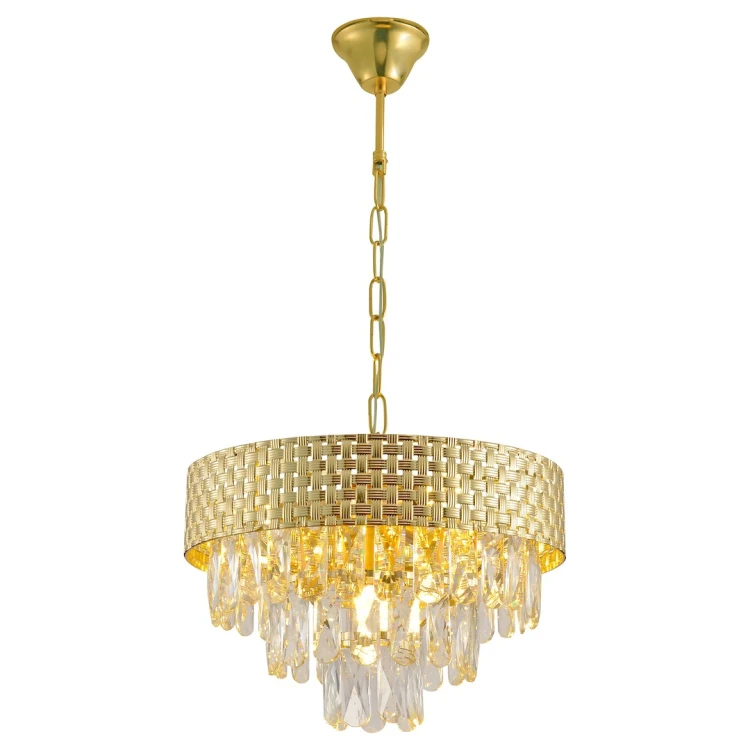 Żyrandol CHARLIZE Milagro ML0190 ze złotą ażurową obręczą i kryształkami. Oprawki 4×E14, maks. 10 W LED każda. Szerokość 38 cm, wysokość 50–100 cm. Do salonu i jadalni glamour. IP20, żarówki poza zestawem.