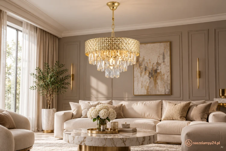 Złota lampa wisząca CHARLIZE 4×E14 Milagro ML0190 z kaskadowymi kryształkami. Pleciona metalowa obręcz podkreśla elegancję wnętrza. Wymiary 38×38 cm, wysokość 50–100 cm. Do salonu, jadalni lub sypialni glamour.