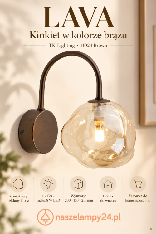 Kinkiet LAVA Brown TK-Lighting 11024 to połączenie brązowego stelaża i koniakowego szkła. Sprawdzi się obok łóżka, kanapy lub komody. Wymiary 200×150×210 mm, oprawka G9, maks. 8 W LED. Eleganckie oświetlenie ścienne do suchych wnętrz.