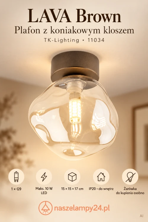 Szukasz niewielkiego plafonu do przedpokoju? LAVA Brown TK-Lighting 11034 zachwyca koniakowym kloszem i brązową podstawą. Wymiary 15×15×17 cm, 1×G9 LED do 10 W. Kilka opraw stworzy spójną kompozycję oświetlenia korytarza.