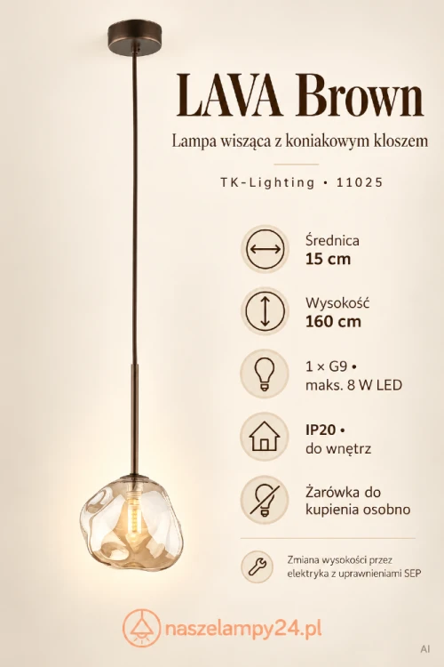 Szukasz lampy nad stolik nocny? LAVA Brown TK-Lighting 11025 łączy brązową oprawę z transparentnym koniakowym szkłem. Klosz Ø15 cm podkreśli przytulny charakter sypialni. Źródło światła: 1×G9 LED maks. 8 W. IP20.