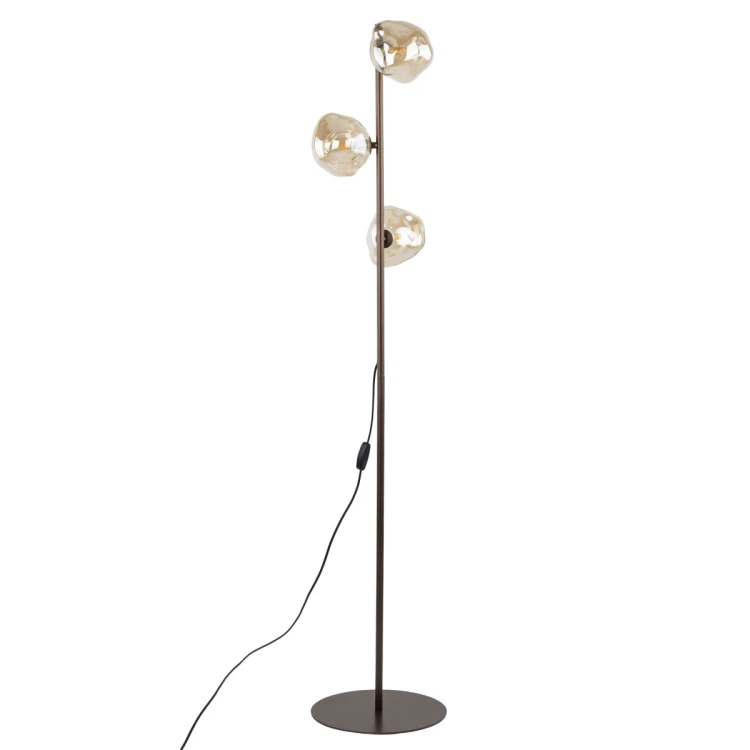 Lampa podłogowa LAVA Brown TK-Lighting 16150 z brązowym stelażem i trzema koniakowymi kloszami. Eleganckie oświetlenie salonu i sypialni. Wysokość 151 cm, 3×G9 LED maks. 8 W każda, IP20. Żarówki do kupienia osobno.
