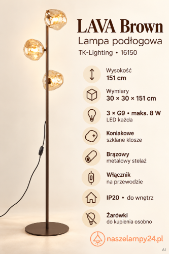 LAVA Brown 16150 TK-Lighting to lampa stojąca z trzema szklanymi kloszami o organicznym kształcie. Brązowa oprawa pasuje do drewna i beżu. Wymiary 30×30×151 cm, 3×G9 LED do 8 W każda. Włącznik na przewodzie