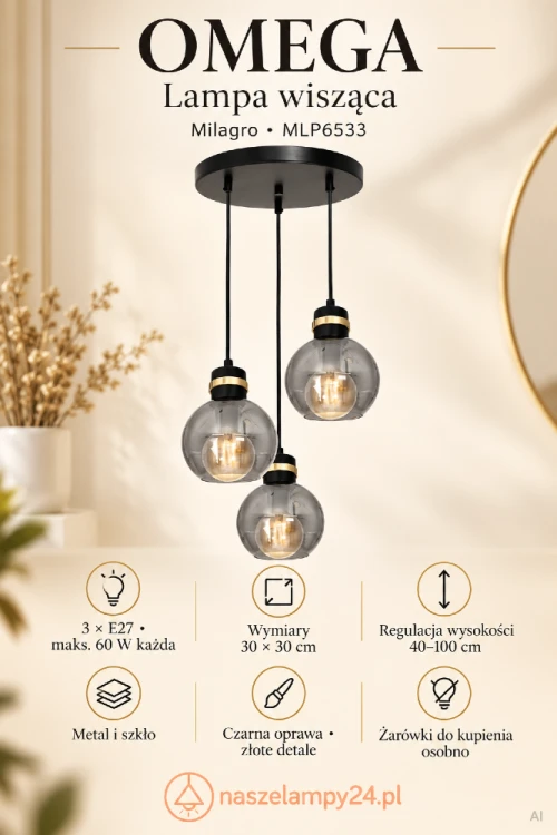 Wybierz lampę wiszącą OMEGA Milagro MLP6533 do salonu lub jadalni. Przydymione klosze, czarna konstrukcja i złote pierścienie tworzą elegancką kompozycję. Wymiary 30×30 cm, wysokość 40–100 cm. Trzy oprawki E27, bez żarówek.