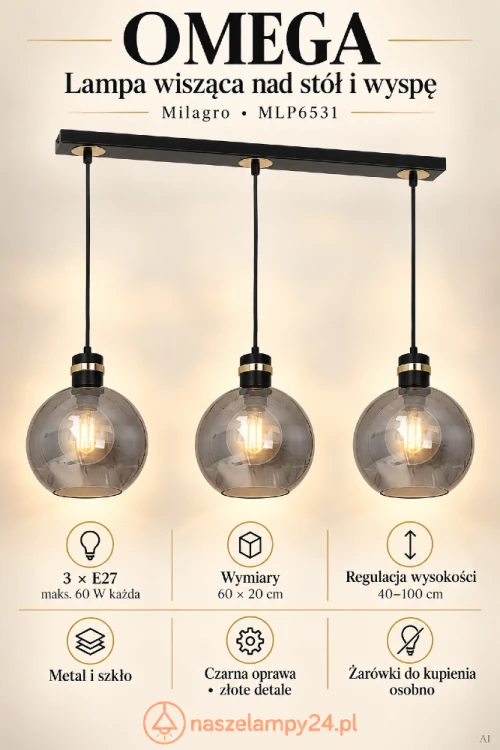 Wybierz lampę wiszącą OMEGA Milagro MLP6531 do kuchni lub jadalni. Przydymione klosze i czarno-złote wykończenie podkreślą nowoczesną aranżację. Wymiary 60×20 cm, wysokość 40–100 cm. 3×E27 do 60 W każda, żarówki osobno.