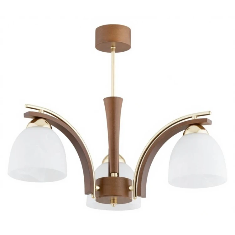 Lampa sufitowa RAFIA Alfa w kolorze orzecha i złota z białymi kloszami. Eleganckie oświetlenie do salonu, jadalni i sypialni. Średnica 47 cm, wysokość 44 cm, 3×E27, IP20. Pasuje do klasycznych wnętrz i drewnianych mebli.