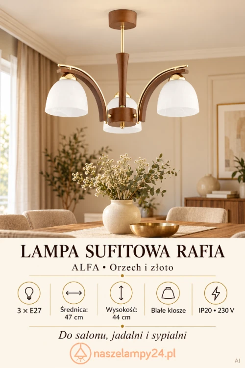 Wybierz lampę RAFIA Alfa do przytulnego salonu lub sypialni. Wygięte ramiona, wykończenie orzech i złoto oraz białe klosze podkreślają klasyczny wystrój. Wymiary: Ø47 cm, wysokość 44 cm. Źródło światła: 3×E27, IP20, 230 V.