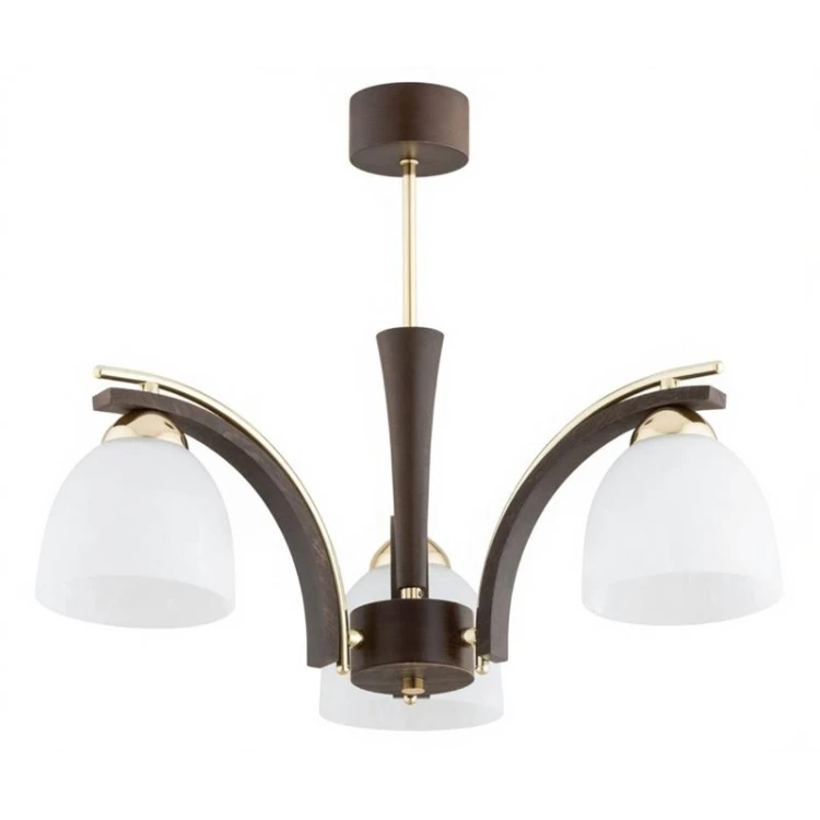 Lampa sufitowa RAFIA Alfa 6289 wenge złoto z drewnianymi elementami i białymi kloszami. Eleganckie oświetlenie do salonu, jadalni i sypialni. Średnica 47 cm, wysokość 44 cm, 3×E27. Pasuje do klasycznych wnętrz.