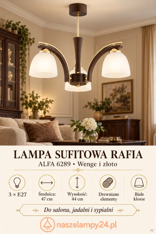 Wybierz lampę RAFIA 6289 polskiego producenta Alfa. Drewniane elementy w kolorze wenge, złote akcenty i białe klosze podkreślą przytulny wystrój. Średnica 47 cm, wysokość 44 cm, 3×E27. Sprawdź na naszelampy24.pl.