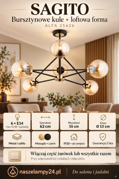 Wybierz lampę sufitową SAGITO Alfa 25626 do stylowego loftowego salonu lub jadalni. Bursztynowe, lekko matowe klosze łączą się z metalową armaturą w kolorach mosiądzu i czerni. Model: 6×E14 max 40 W, IP20, o szerokości 62 cm. Gwarancja producenta: 2 lata.