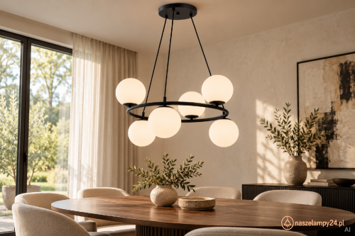 RINGO Alfa 63246 to czarna lampa sufitowa z sześcioma białymi kulami na okrągłej obręczy. Pasuje do salonu, jadalni i sypialni w stylu nowoczesnym. Średnica 62 cm, wysokość 66 cm, 6×E14 max 10 W na żarówkę. Wykonanie: metal i szkło. IP20, zasilanie 230 V.