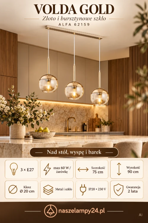 Złota lampa VOLDA GOLD Alfa 62159 z bursztynowymi kloszami ładnie podkreśli aranżację jadalni lub kuchni. Trzy szklane kule Ø20 cm pasują nad stół, wyspę i barek. Szerokość 75 cm, wysokość 90 cm, 3×E27 max 60 W na żarówkę. IP20 do wnętrz, zasilanie 230 V.