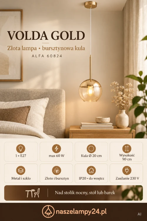 Złota lampa VOLDA GOLD Alfa 60824 z bursztynową kulą Ø20 cm podkreśli aranżację kuchni, jadalni lub sypialni. Metal i szkło też pasują do drewna oraz beżowych dodatków. Wysokość 90 cm, 1×E27 max 60 W, IP20, 230 V. Dekoracyjne oświetlenie nad stół i barek.