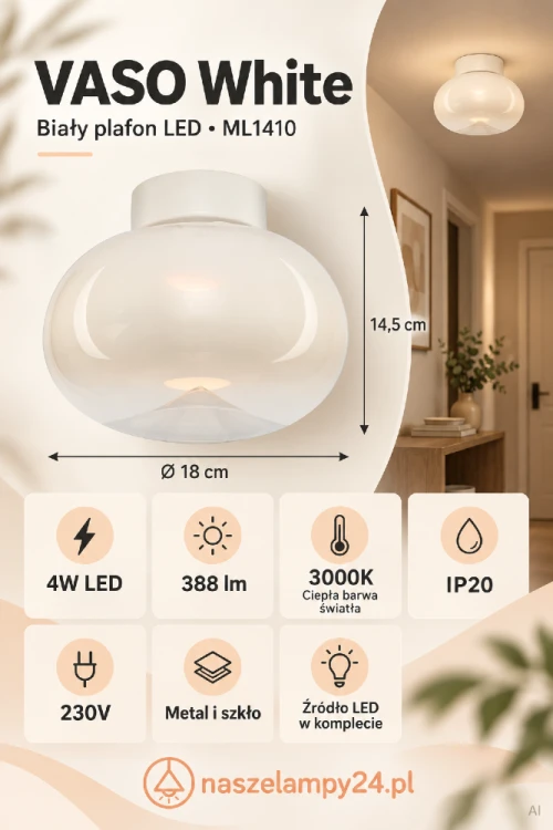 VASO White ML1410 – niewielka lampa sufitowa LED do nowoczesnego wnętrza. Biały kolor i zaokrąglony szklany klosz pasują do jasnych aranżacji. Moc 4W, strumień 388 lm, barwa 3000K, IP20. LED w komplecie.