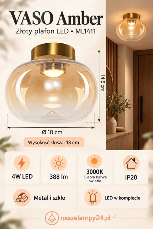 Złota lampa sufitowa VASO Amber ML1411 z kloszem ze szkła w bursztynowym odcieniu. Kompaktowy plafon Ø18 cm pasuje do eleganckich wnętrz. LED 4W w komplecie, 388 lm, ciepłe światło 3000K. Wysokość 14,5 cm, IP20, 230V