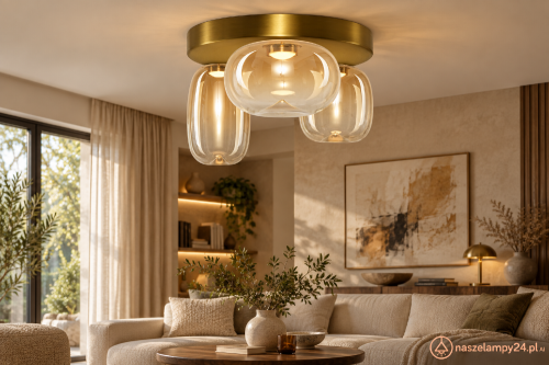 Złota lampa sufitowa VASO Amber ML1414 łączy metal i bursztynowe szkło. Trzy klosze o różnych wymiarach tworzą ozdobną kompozycję. LED 12W, 1131 lm, 3000K. Wymiary 42×24 cm. Do salonu, jadalni i przedpokoju. IP20, 230V.