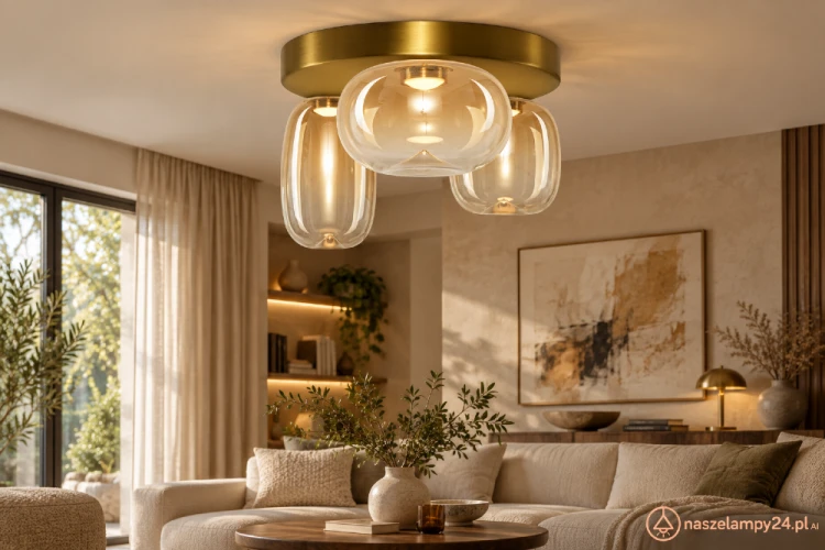 Złota lampa sufitowa VASO Amber ML1414 łączy metal i bursztynowe szkło. Trzy klosze o różnych wymiarach tworzą ozdobną kompozycję. LED 12W, 1131 lm, 3000K. Wymiary 42×24 cm. Do salonu, jadalni i przedpokoju. IP20, 230V.