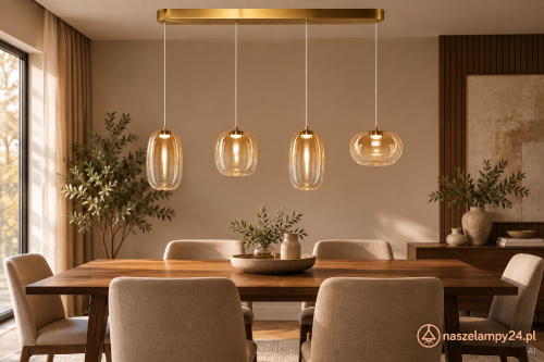 Nowoczesna lampa VASO Amber ML1408 z czterema szklanymi kloszami to stylowe oświetlenie do jadalni i kuchni. Złota listwa i ciepła barwa światła 3000K tworzą przytulny klimat. Energooszczędny LED 15W w zestawie.