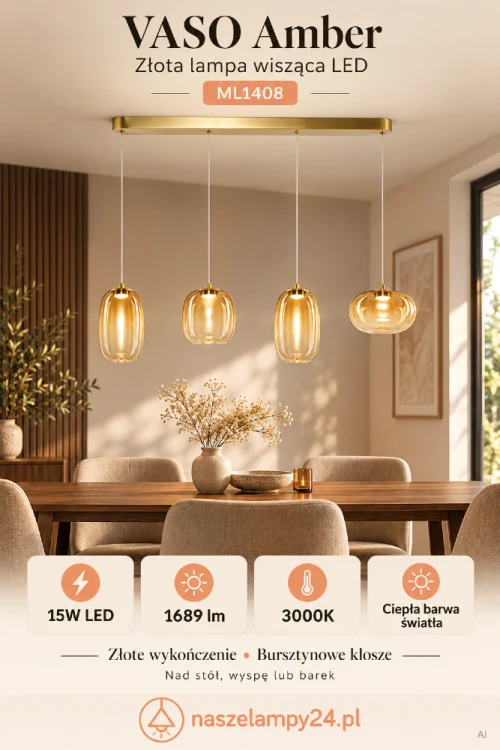 Stylowa lampa wisząca VASO Amber z czterema kloszami to idealne rozwiązanie do salonu i jadalni. Ciepłe światło LED 3000K, złote wykończenie i nowoczesna forma tworzą wyjątkowy klimat w każdym wnętrzu.