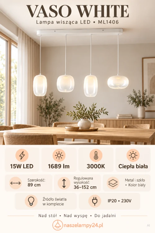 VASO White ML1406 to dekoracyjna lampa sufitowa wisząca z czterema szklanymi kloszami. LED 15W, 1689 lm i ciepła barwa 3000K. Biały kolor pasuje do jasnych wnętrz. Szerokość 89 cm, regulacja wysokości 36–152 cm, IP20. AI