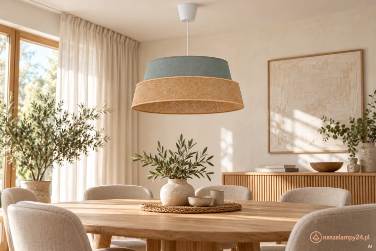 Naturalna lampa sufitowa Galaxy w odcieniach szałwii i juty ociepli każde wnętrze. Abażur 50 cm, metalowy biały zwis 100 cm, 1xE27. Idealna nad stół, do salonu i sypialni.