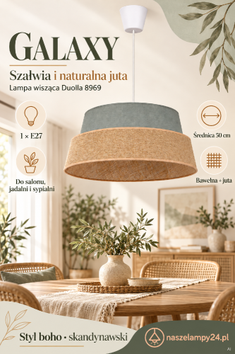 Galaxy to stylowa lampa wisząca z juty i bawełny. Średnica 50 cm, wysokość 20 cm, zwis 100 cm. Oprawka 1xE27 pozwala dobrać barwę światła. Doskonała do wnętrz boho, japandi i nowoczesnych aranżacji.