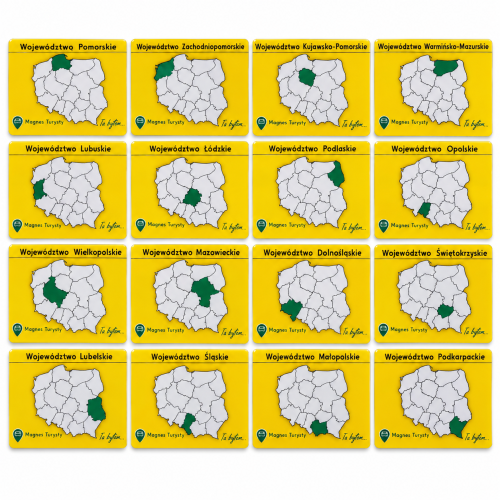 Zestaw 16 magnesów na lodówkę ze wszystkimi województwami Polski. Każdy ma wymiary 8,5 × 6,5 cm. Wykonane w Polsce w 100% z biodegradowalnego materiału. Pomysł na prezent dla podróżnika i dekorację tablicy magnetycznej.