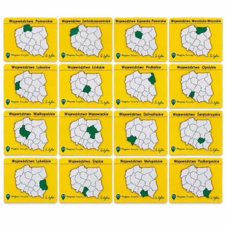 Zestaw 16 magnesów na lodówkę ze wszystkimi województwami Polski. Każdy ma wymiary 8,5 × 6,5 cm. Wykonane w Polsce w 100% z biodegradowalnego materiału. Pomysł na prezent dla podróżnika i dekorację tablicy magnetycznej.