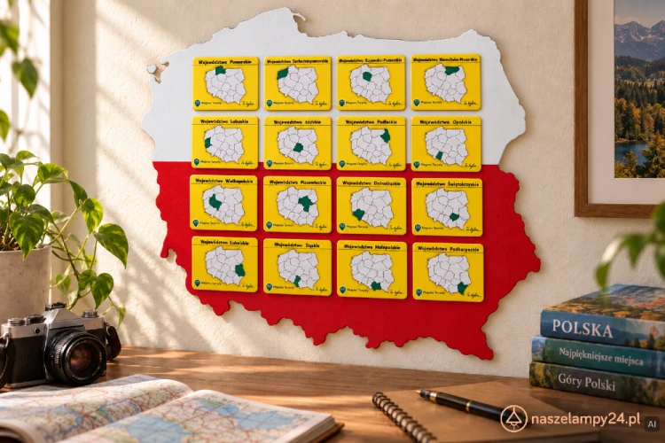 Cała Polska w jednej kolekcji! Komplet 16 magnesów przedstawia mapy z wyróżnionymi województwami. Żółte tło i nazwy regionów tworzą spójny zestaw na lodówkę. Wymiary każdego: 8,5 × 6,5 cm. Polska produkcja.