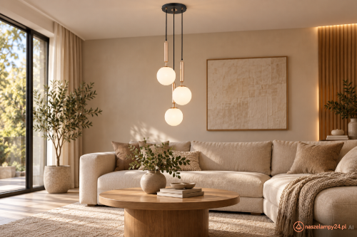 Stylowa lampa VOLDA PICOLO 3xE14 Alfa 62202 zachwyca połączeniem złotej, miedzianej i czarnej armatury z białymi kulistymi kloszami. Kompaktowe wymiary i regulowana wysokość czynią ją doskonałym wyborem do nowoczesnych wnętrz, salonu, kuchni czy jadalni.