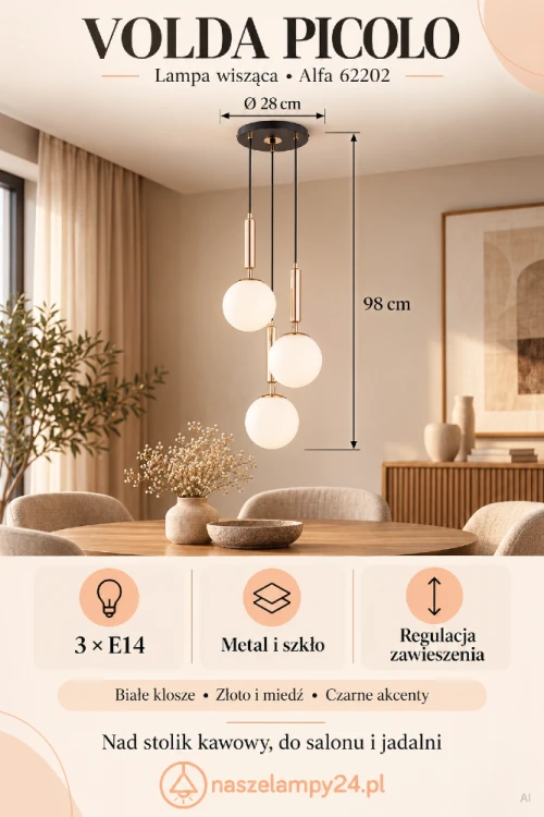 Nowoczesna lampa wisząca VOLDA PICOLO 3xE14 Alfa 62202 z trzema białymi szklanymi kulami i złoto-miedzianą oprawą, regulowana wysokość do 90 cm, stylowe oświetlenie do eleganckich wnętrz takich jak salon, jadalnia czy sypialnia.